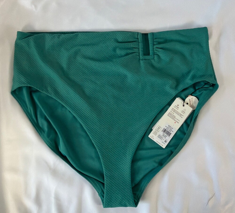 CALIA Women's XXL Asym Rectangle Trim Swim Bottoms Emerald Green Stripe High Leg
